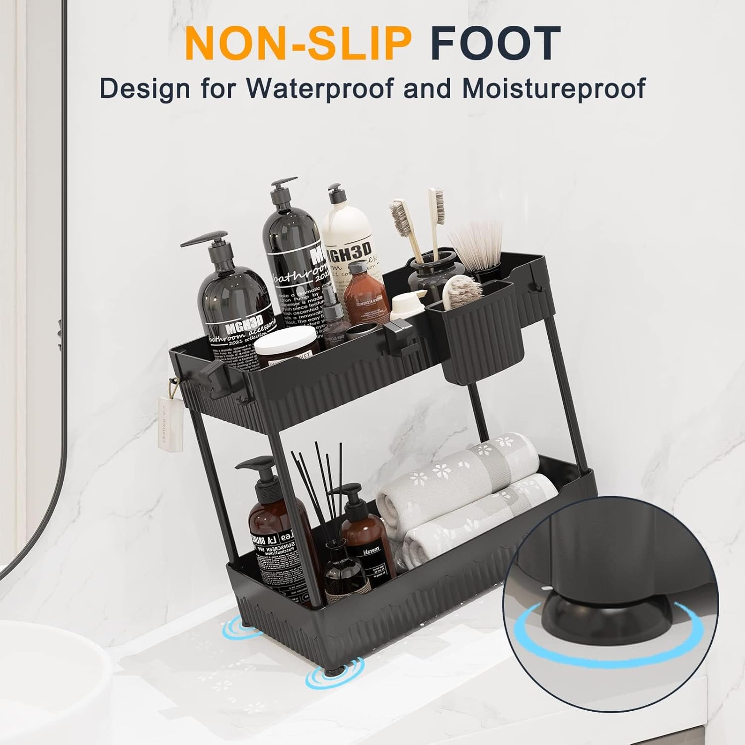 2 Pack Under Sink Organizer, Under Bathroom Cabinet Organizer with Hooks Hanging Cup, Multi-Purpose Storage Shelf for Kitchen Bathroom, Black - Image 6