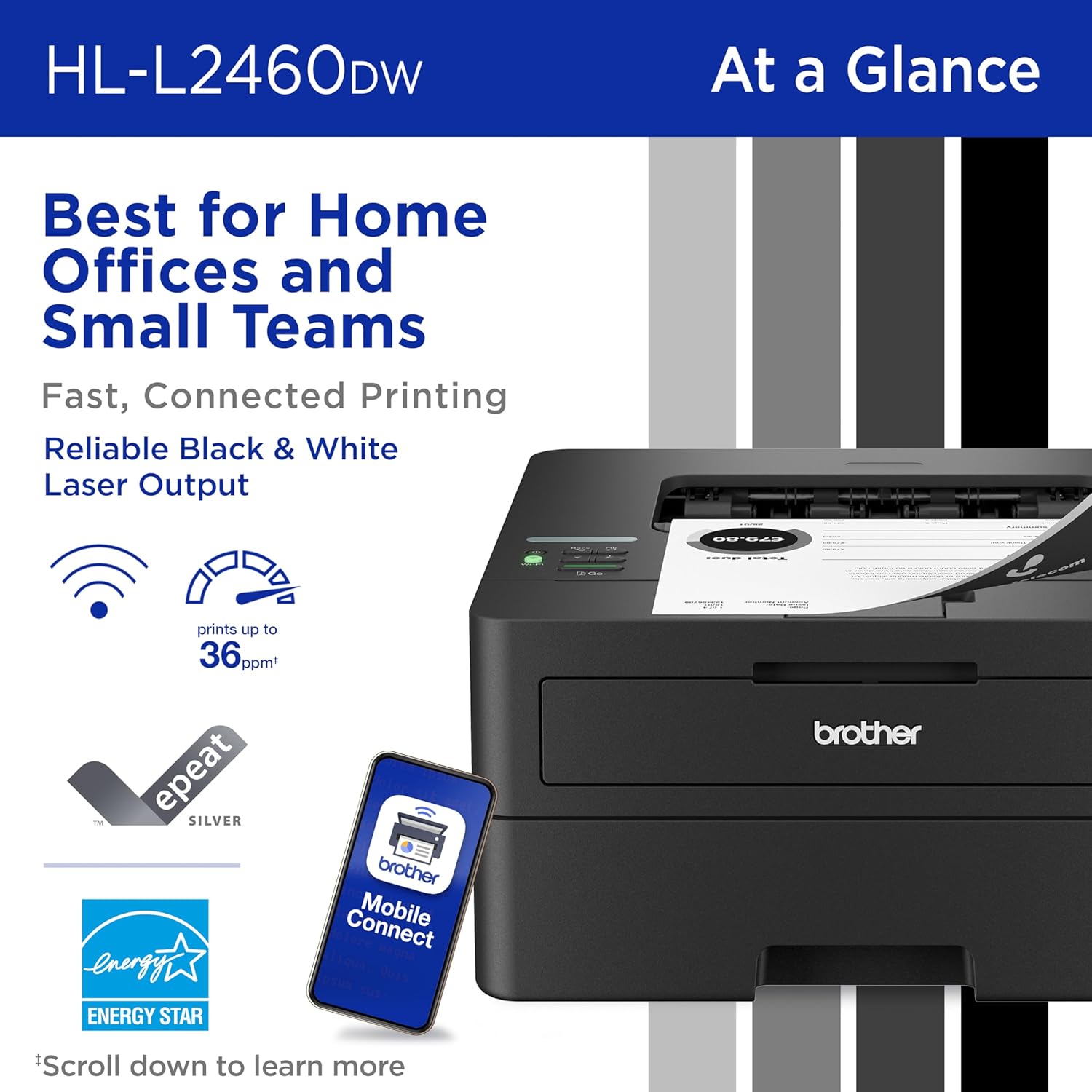 Brother HL-L2460DW Wireless Compact Monochrome Laser Printer with Duplex, Mobile Printing, Black & White Output | Includes Refresh Subscription Trial(1), Works with Alexa - Image 2