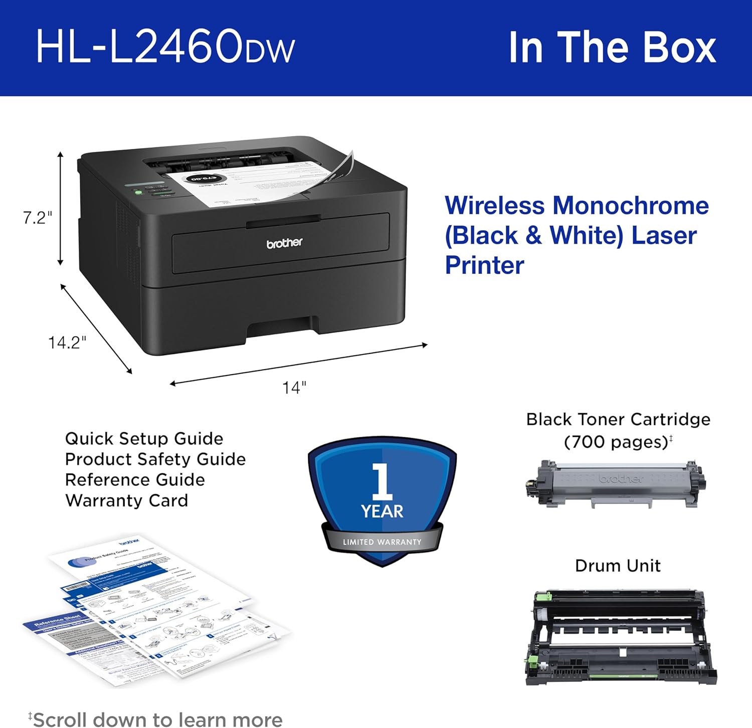 Brother HL-L2460DW Wireless Compact Monochrome Laser Printer with Duplex, Mobile Printing, Black & White Output | Includes Refresh Subscription Trial(1), Works with Alexa - Image 7