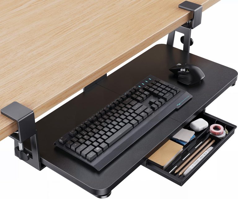 HUANUO Large Under Desk Keyboard Tray with Sturdy C-Clamp Mount, 26 (30.16″ Including Clamps) x 12 inch Slide-Out Platform Computer Desk Heavy Duty Keyboard Tray with Storage Drawer for Typing, Black