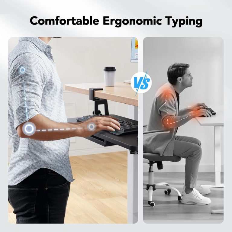 HUANUO Large Under Desk Keyboard Tray with Sturdy C-Clamp Mount, 26 (30.16″ Including Clamps) x 12 inch Slide-Out Platform Computer Desk Heavy Duty Keyboard Tray with Storage Drawer for Typing, Black