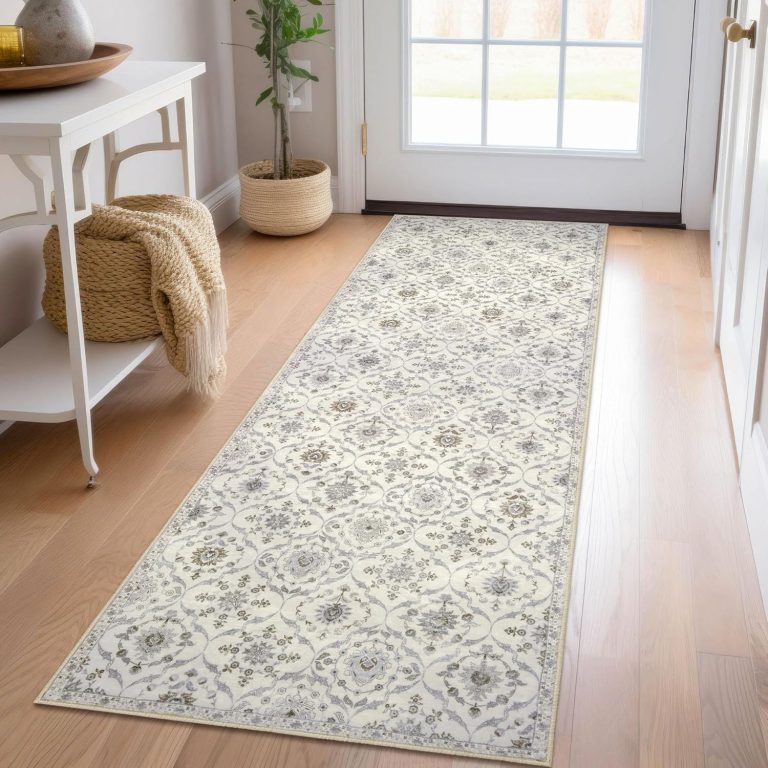 KILOCOCO 2×6 Runner Rug, Moroccan Washable Hallway Entryway Runner Rug, Accent Print Faux Wool Kitchen Runner Rug 6 Feet Non-Slip Boho Rug Runner for Laundry Room Bedroom, Beige Yellow
