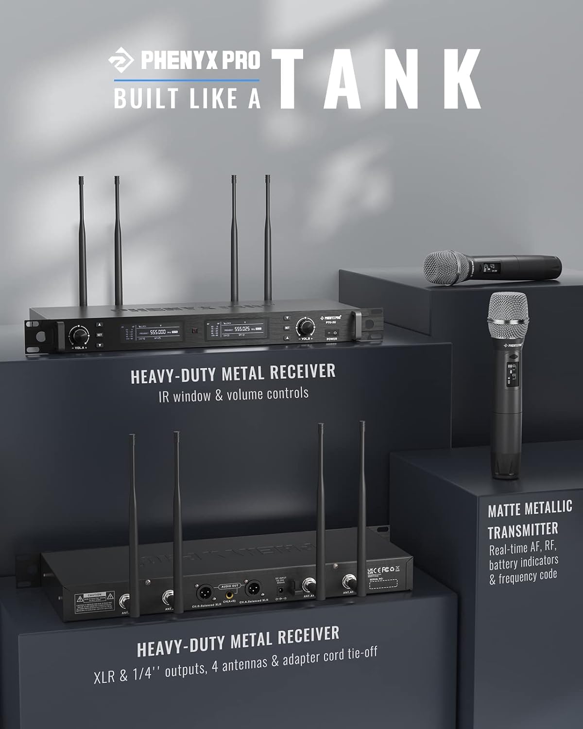 Phenyx Pro Wireless Microphone System, True Diversity Dual Cordless Mic Set, Professional UHF Handheld Wireless Microphones w/Auto Scan, 2x1000 Channels, 328ft for Stage & Studio (PTU-2U-2H) - Image 2