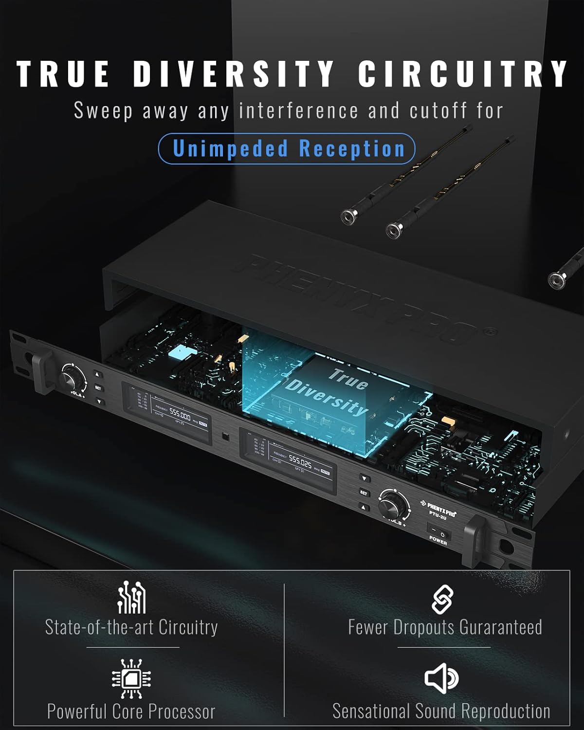 Phenyx Pro Wireless Microphone System, True Diversity Dual Cordless Mic Set, Professional UHF Handheld Wireless Microphones w/Auto Scan, 2x1000 Channels, 328ft for Stage & Studio (PTU-2U-2H) - Image 3