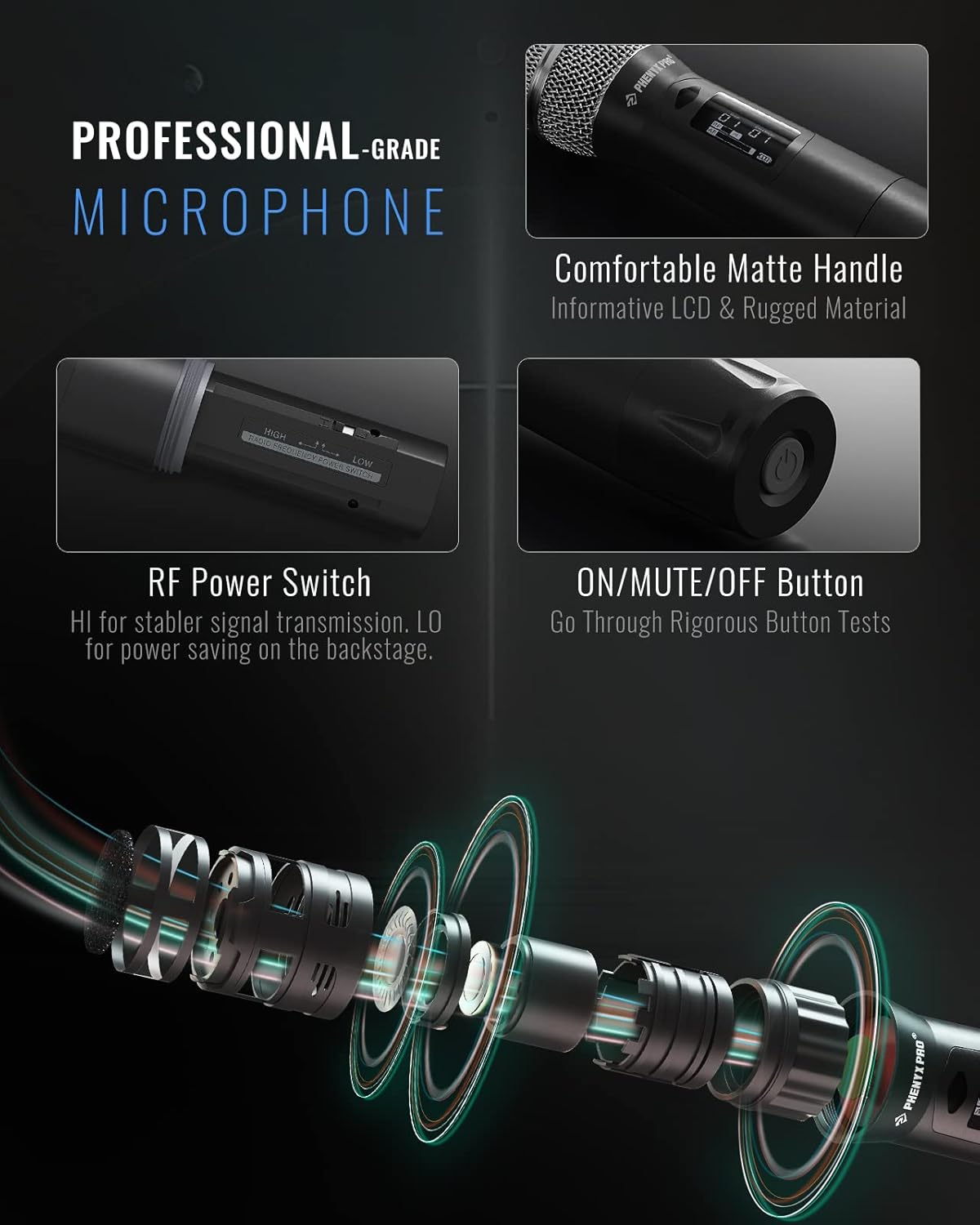 Phenyx Pro Wireless Microphone System, True Diversity Dual Cordless Mic Set, Professional UHF Handheld Wireless Microphones w/Auto Scan, 2x1000 Channels, 328ft for Stage & Studio (PTU-2U-2H) - Image 5