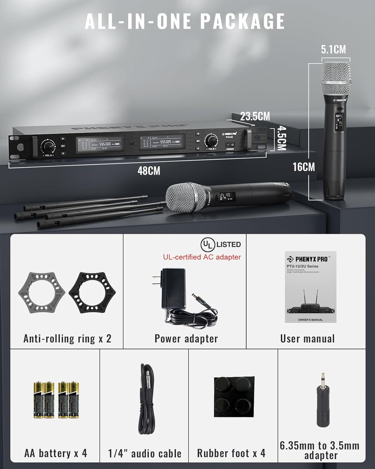 Phenyx Pro Wireless Microphone System, True Diversity Dual Cordless Mic Set, Professional UHF Handheld Wireless Microphones w/Auto Scan, 2x1000 Channels, 328ft for Stage & Studio (PTU-2U-2H) - Image 6