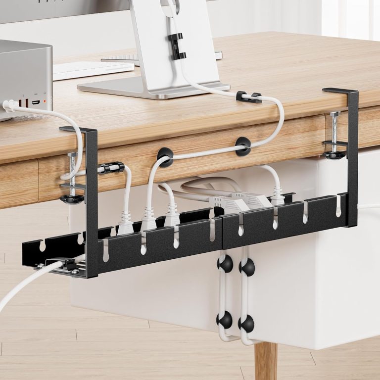Under Desk Cable Management Tray, Extendable 11.2″ to 21.6″ Cable Management Under Desk Tray, No Drill Cable Tray Under Desk with Clamp for Home Office Standing Desk