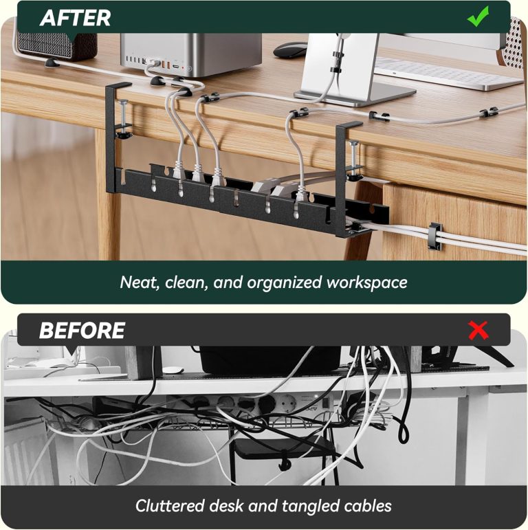 Under Desk Cable Management Tray, Extendable 11.2″ to 21.6″ Cable Management Under Desk Tray, No Drill Cable Tray Under Desk with Clamp for Home Office Standing Desk